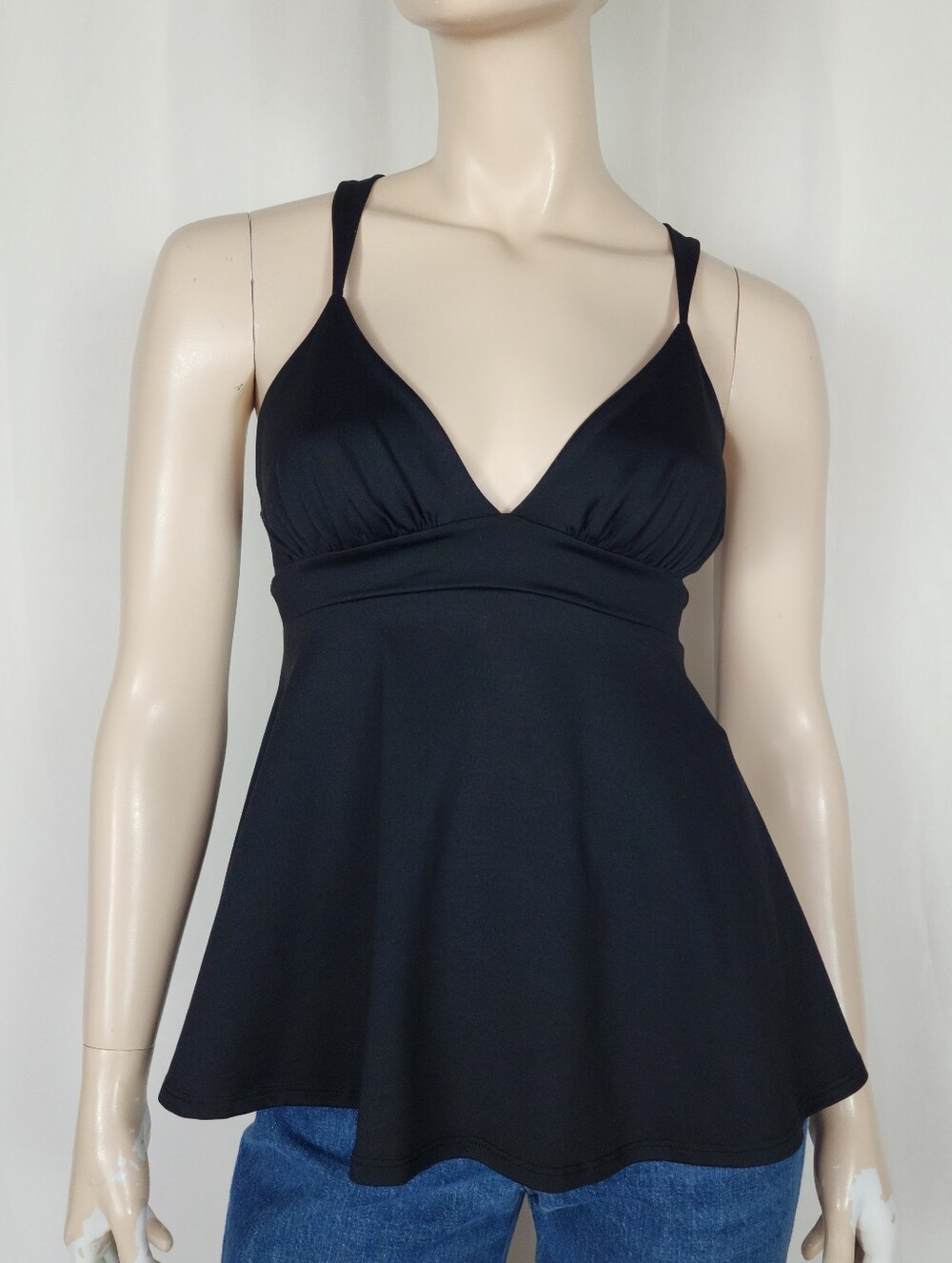 Susana Monaco peplum tank top swim L black crossover back Supplex Lycra
